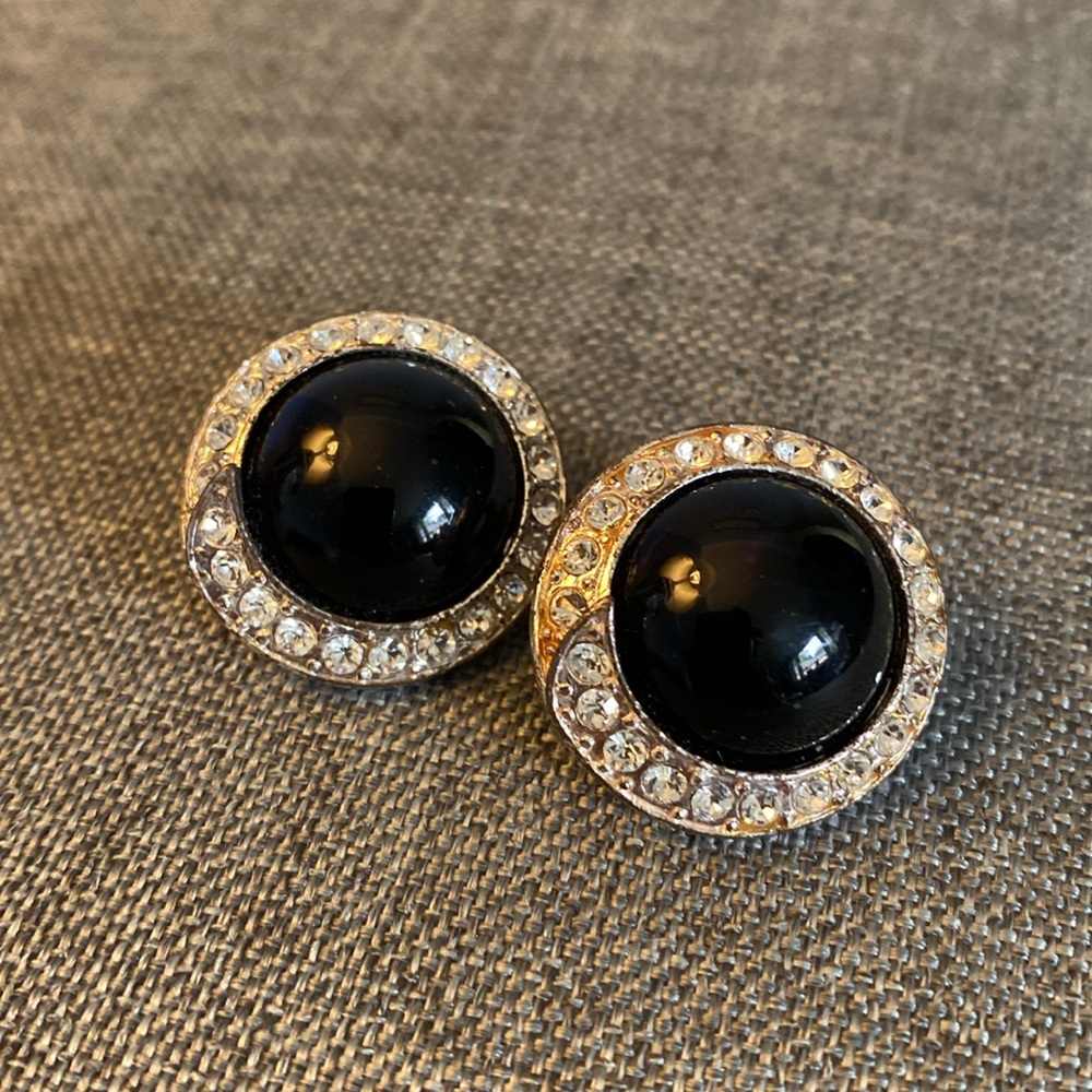 Vintage Black Stone & Rhinestone Clip-on Earrings